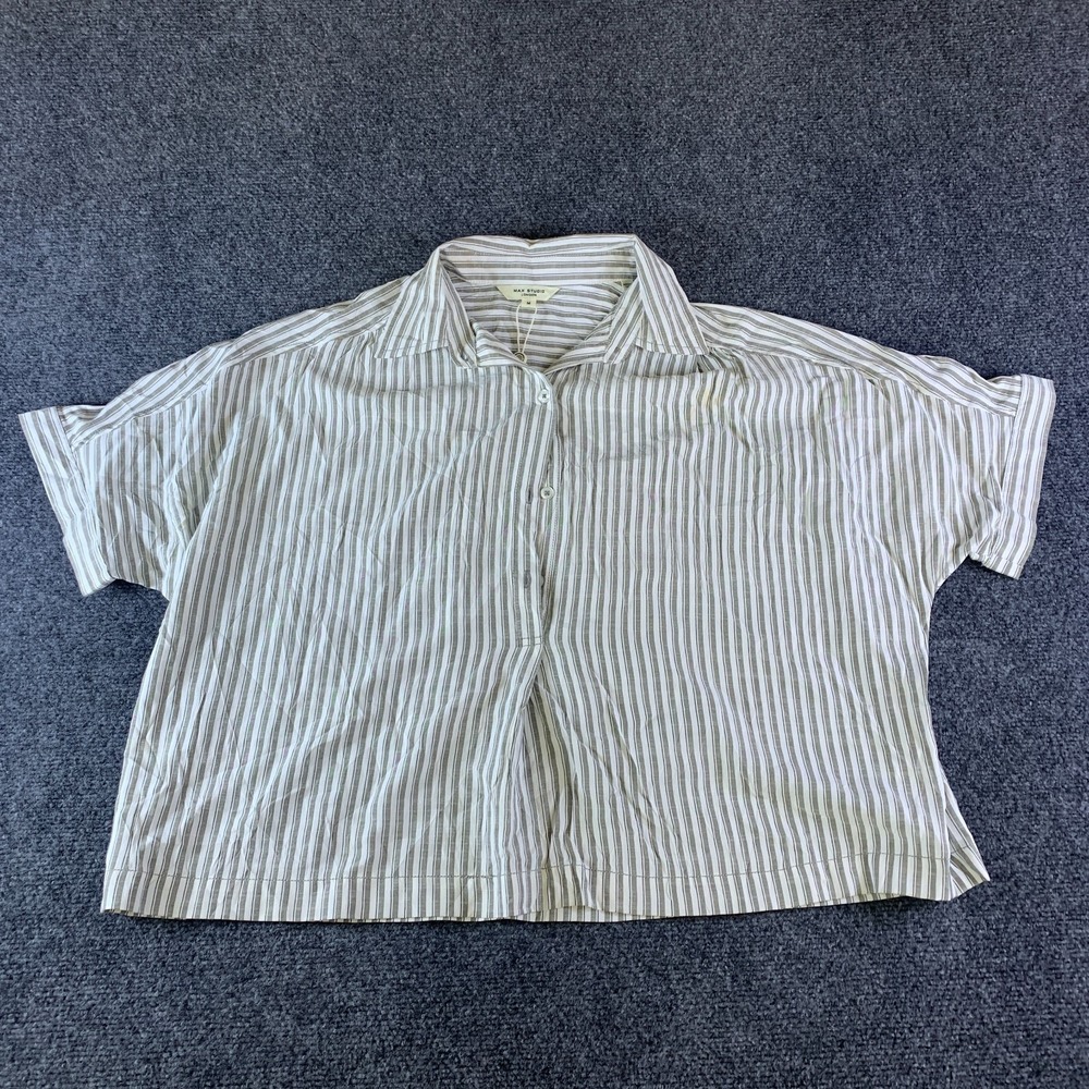Max Studio London Shirt Womens Medium Gray White Striped Short Sleeve Button Up